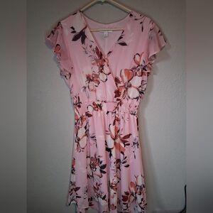Nine West Pink Floral Spring Midi Dress • Women’s Size 8 V‑Neck • A‑Line Summer